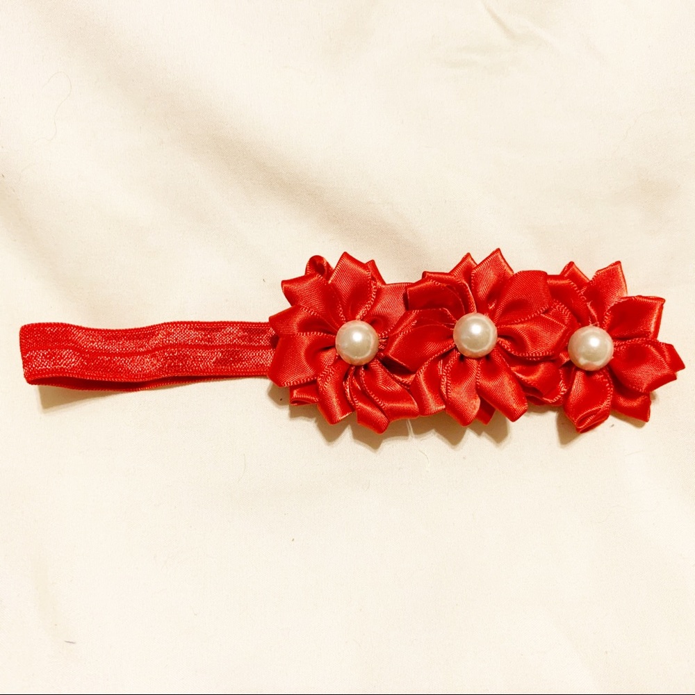 NWOT red satin flowers with pearls headband bow